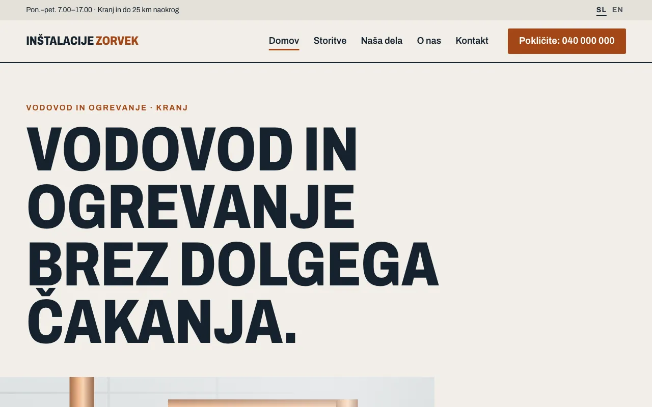 Primer oblikovanja domače strani za obrtnika: Inštalacije Zorvek, vodovod in ogrevanje