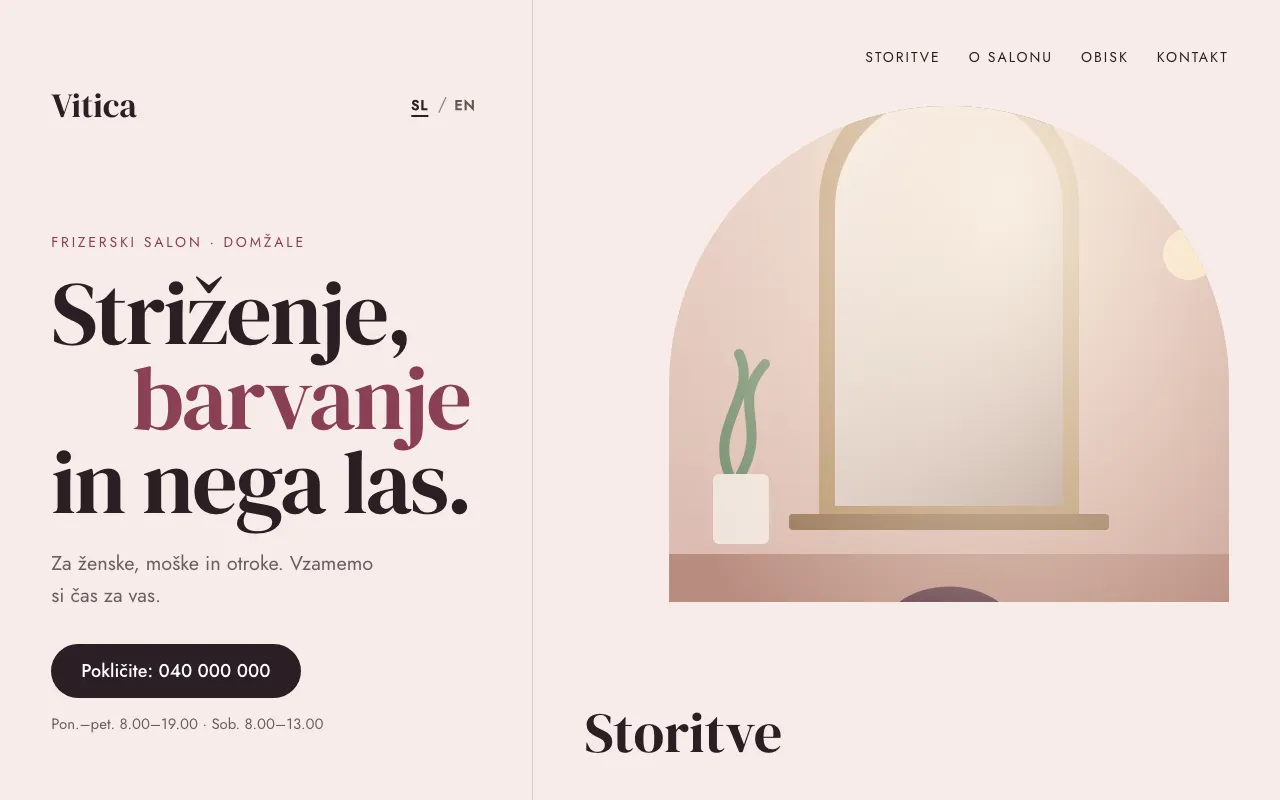 Primer oblikovanja domače strani za frizerski salon: Salon Vitica